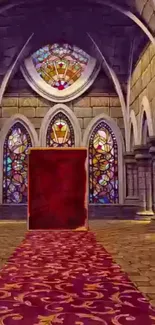 Gothic church interior with stained glass and red carpet.