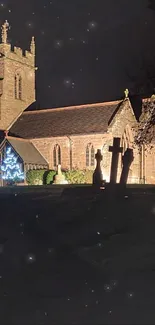 Gothic church at night with silhouettes, illuminated by soft light.