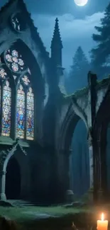 Gothic church ruins under moonlight with candles.