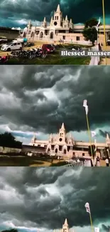 Gothic cathedral under a stormy sky with dark clouds.