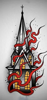 Gothic church with red swirls and yellow windows wallpaper.