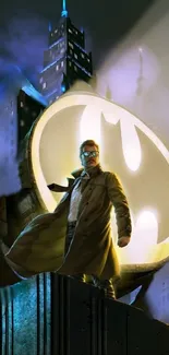 Hero in front of Bat-Signal in Gotham City wallpaper.