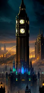 Gothic cityscape wallpaper with clock tower and night lights.