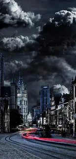 Gothic cityscape with dramatic clouds at night.