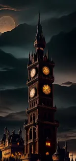 Gothic clock tower with moonlit sky background.