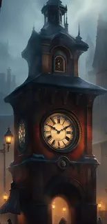 Gothic city scene with clock tower under foggy night sky.