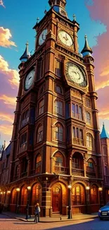 Gothic clock tower against a vibrant sunset sky, capturing architectural elegance.