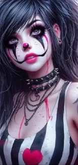 Gothic clown girl with striking makeup and tattoos on mobile wallpaper.