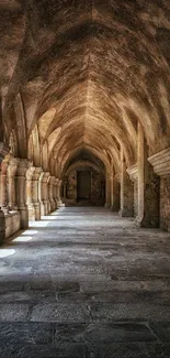 Gothic corridor with stone arches and shadows.