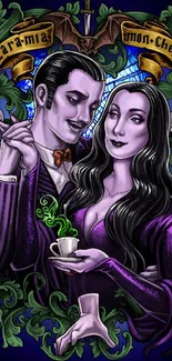 Gothic couple art with vibrant colors and elegant design in dark theme wallpaper.