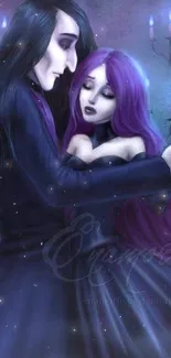 Gothic couple embracing under purple candlelight.