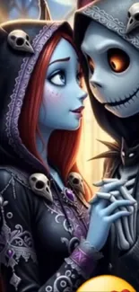Gothic fantasy couple with skull accents in dark attire gazing at each other.
