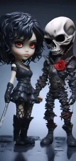 Gothic couple wallpaper with dark theme and skeletal figure.