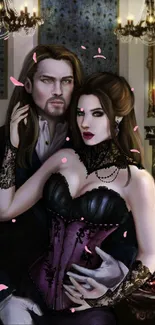 Gothic couple in Victorian setting with chandeliers and candles.