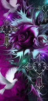 Gothic cross and dove with purple rose background.