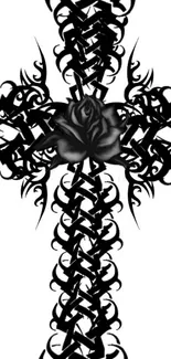 Black gothic cross with tribal patterns and central dark rose.