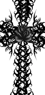 Gothic tribal cross with black rose in center on white background.