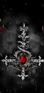 Gothic cross and red roses wallpaper with silver details on black background.