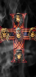 Gothic cross with fiery skulls and smoky effects, perfect for mobile wallpaper.