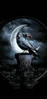 Gothic crow with rose and crescent moon on dark background.