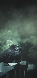 Two crows perched on a foggy forest fence, creating a gothic atmosphere.