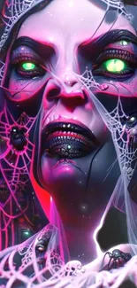 Gothic cyberpunk figure with neon spider webs and glowing eyes.