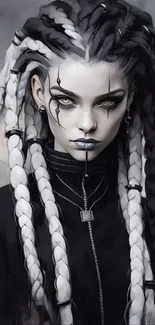 Striking Gothic cyberpunk girl with braided hair in grayscale.