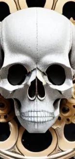 Gothic cyberpunk skull with gold gears and marble background.