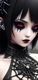 Gothic dark anime character with red eyes and web design choker.