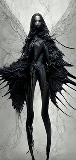 Dark gothic figure with ethereal wings on a textured background wallpaper.