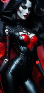 Gothic lady with red and black attire and skull motifs on a dark background.