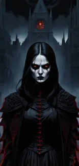 Gothic dark fantasy wallpaper with a mysterious figure and red eyes.