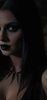Gothic woman with dark makeup and attire, exuding mystery.