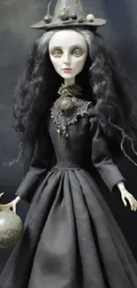 Gothic doll in dark gray dress with mystical appeal.