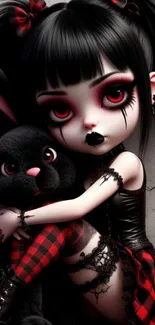 Gothic doll with black bunny art wallpaper.