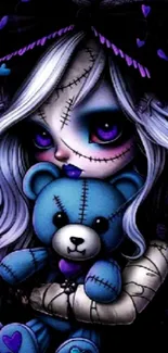 Gothic doll with purple hair and blue teddy.