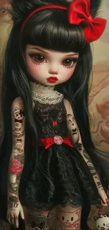 Gothic doll with tattoos and long hair in an artistic style.