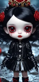 Gothic doll with red roses and crown in dark setting.