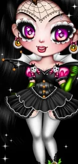 Gothic doll art with vibrant colors on a black background.