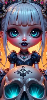 Gothic doll with blue eyes and skull in fantasy art.