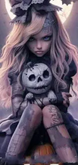 Gothic doll holding skeleton teddy bear, Halloween theme.