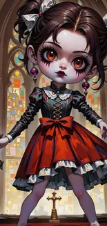 Gothic doll holding a cross in cathedral setting.
