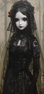 Gothic doll in black dress with veil in a mystic forest setting.