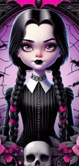 Gothic doll with pink roses and purple background wallpaper.