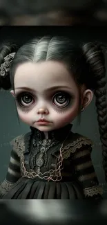 Gothic doll with braided hair in dark-themed wallpaper.