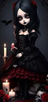 Gothic doll surrounded by skulls and candles.