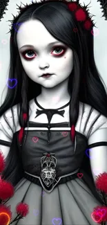 Gothic doll with crimson and black patterns.