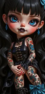 Gothic doll with tattoos and blue eyes on a black background.