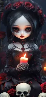 Gothic doll with rose crown holds a candle amidst skulls and flickering lights.