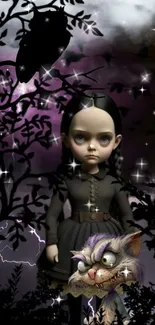 Mysterious gothic doll with a whimsical cat in a purple forest.